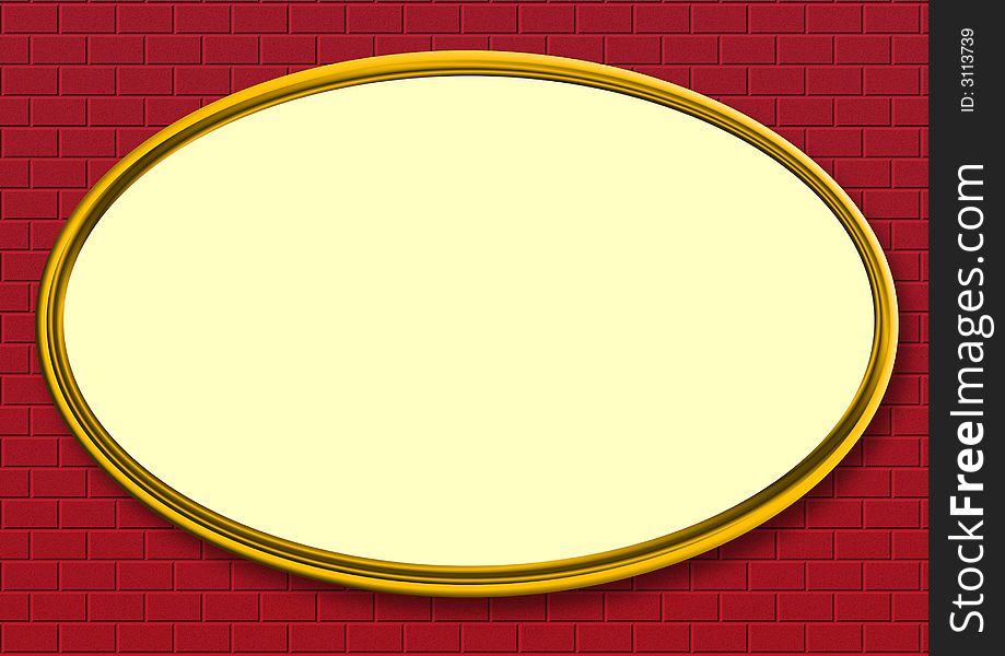 A big oval gold colored frame on a clinker wall. A big oval gold colored frame on a clinker wall.