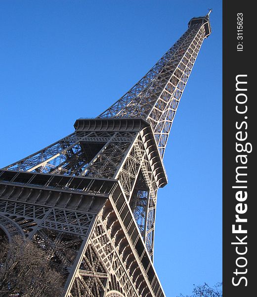 Eiffel Tower diagonal on blue sky