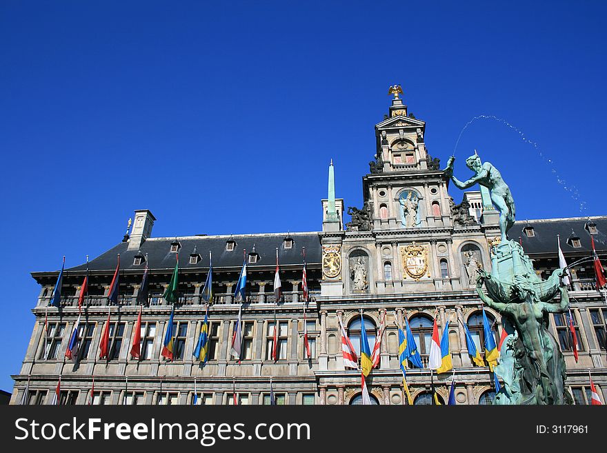 Town Hall and the Brabo Fountain in Antwerp, Belgium.