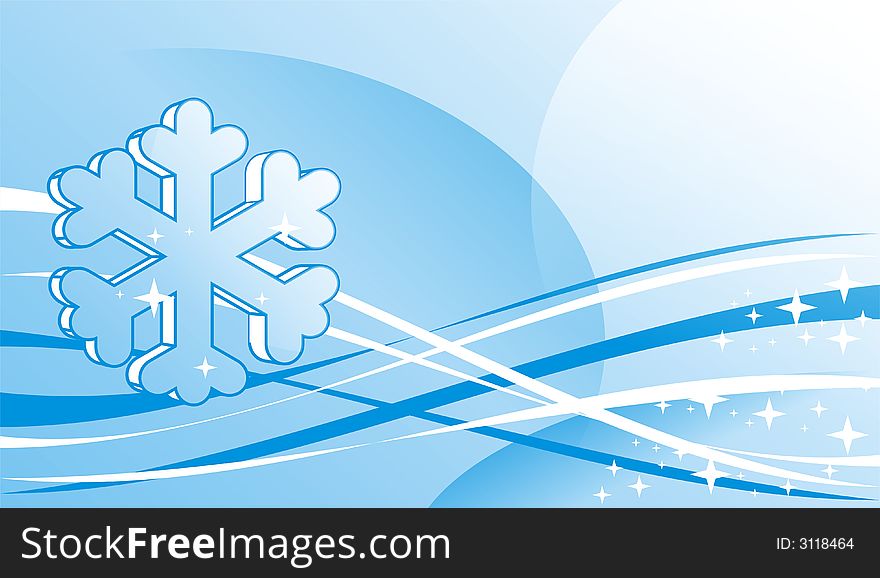 Large beautiful snowflake on a background of blue and white lines and gradient