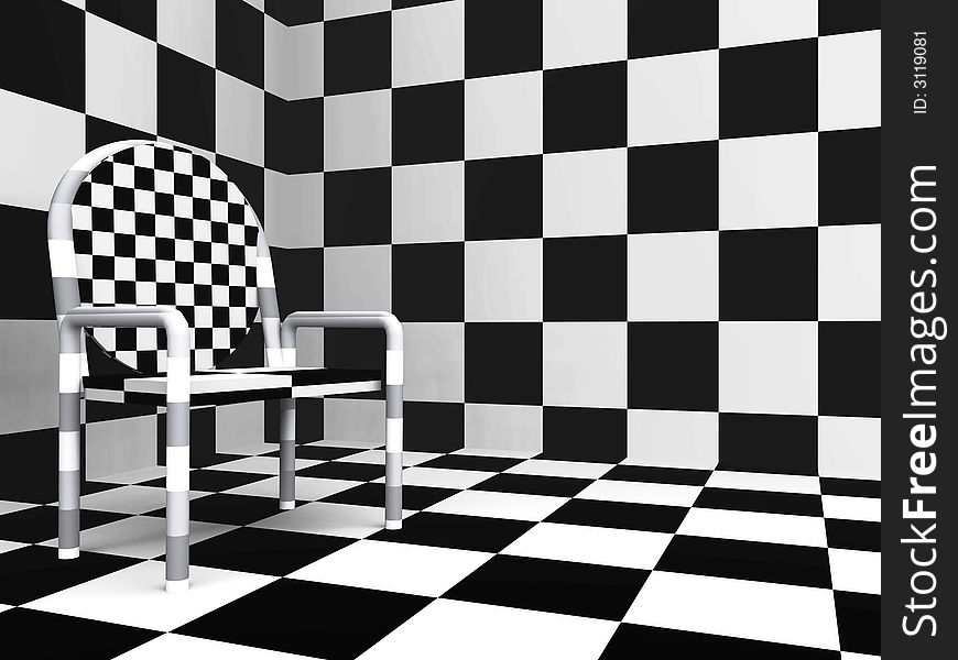 Checkered modern chair on a background of checkered walls and a floor in black-and-white tones