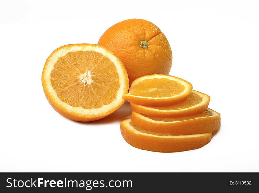A orange slice in the middle over white background