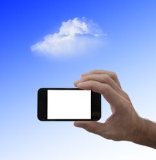 Blank Screen Smartphone In Male Hand, And Cloud Royalty Free Stock Photos Blank Screen Smartphone In Male Hand, And Cloud Royalty Free Stock Photos