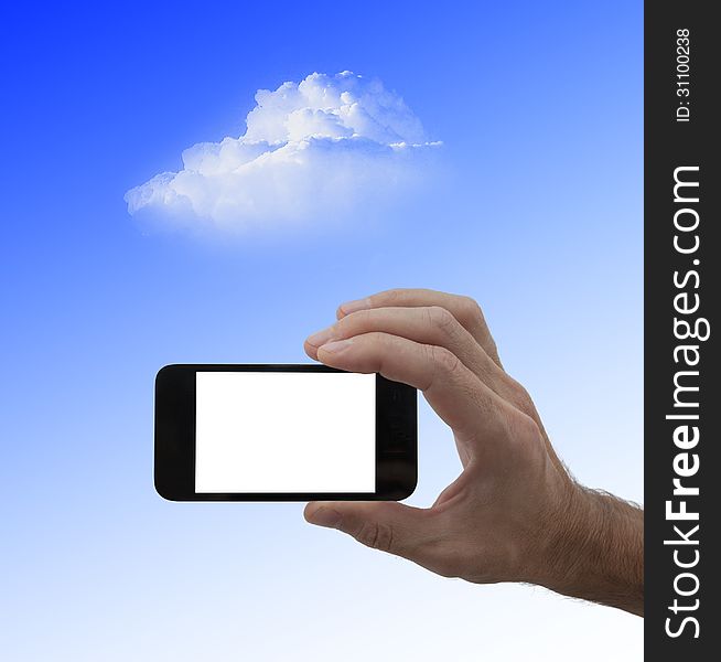 Blank screen smartphone in male hand, and cloud on sky background