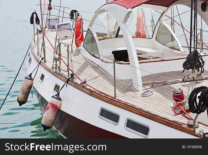 Deck and board of cruising yacht at the marina