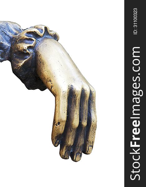Bronze statue hand isolated on white background