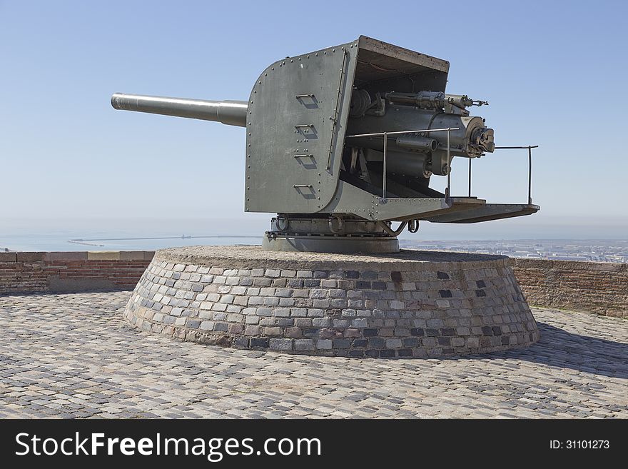 Naval gun in the Montjuic castle. Barcelona, Spain. Naval gun in the Montjuic castle. Barcelona, Spain