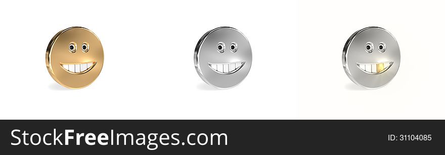 The set of three metallic shining smiley with tooth. The set of three metallic shining smiley with tooth