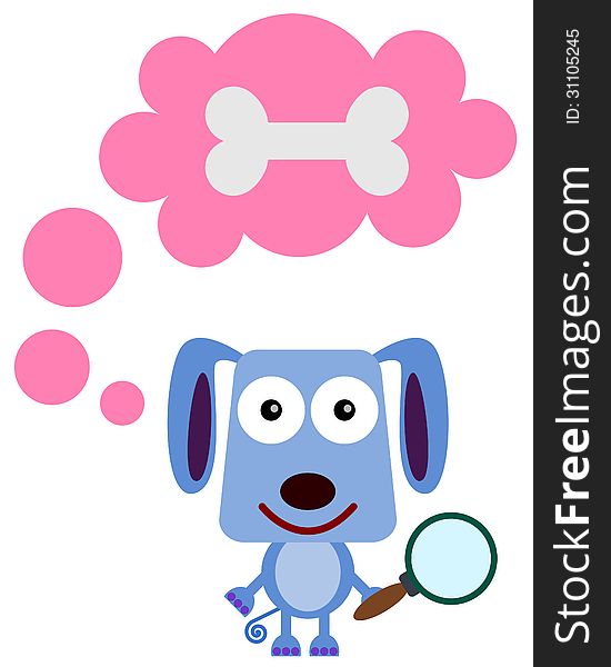 A humorous illustration of a dog holding a magnifying glass and about to find a bone. A humorous illustration of a dog holding a magnifying glass and about to find a bone