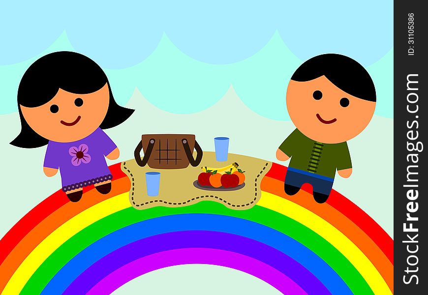 A cute cartoon illustration of a man and woman having a picnic on the rainbow. A cute cartoon illustration of a man and woman having a picnic on the rainbow