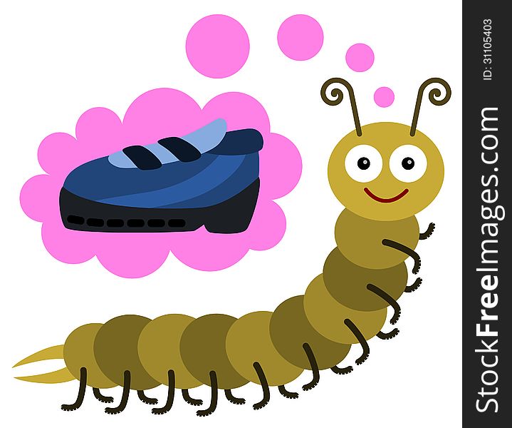 Illustration of a millipede imagining a shoe. Illustration of a millipede imagining a shoe