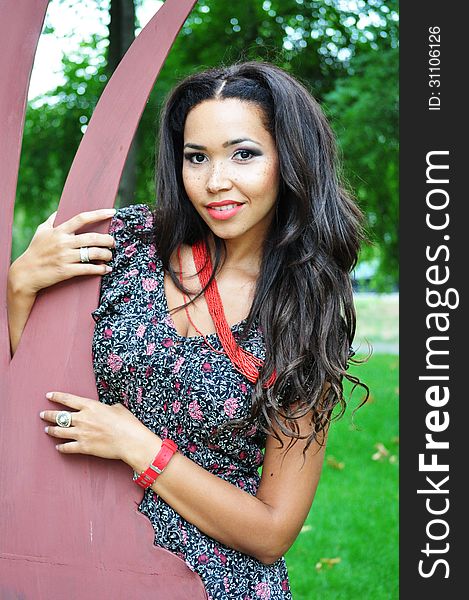 Outdoor portrait of an attractive young woman with long black hair . Outdoor portrait of an attractive young woman with long black hair .