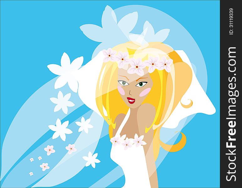 Vector graphic image with bride in veil with white flowers on blue background
