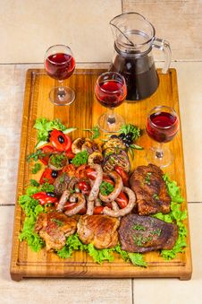 Grilled Meat, Sausages And Herbs With Wine Stock Photos Grilled Meat, Sausages And Herbs With Wine Stock Photos