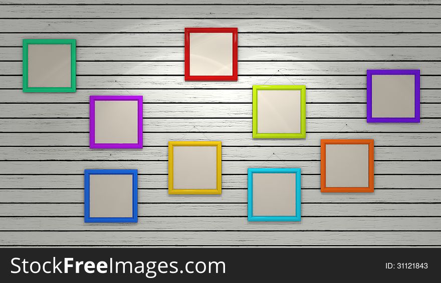 Many small blank picture frames hanging on wooden wall. Many small blank picture frames hanging on wooden wall