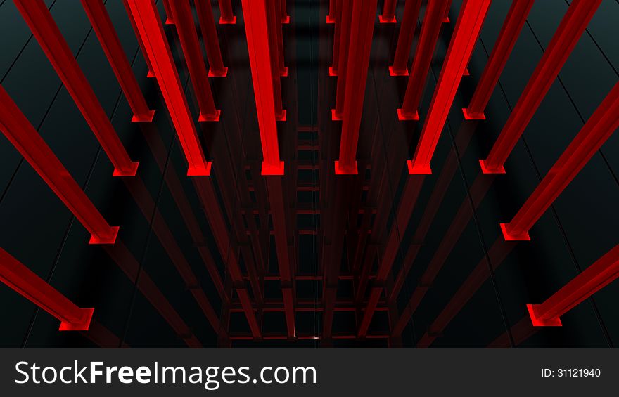 Construction beams and black glossy flooring abstract background. Construction beams and black glossy flooring abstract background