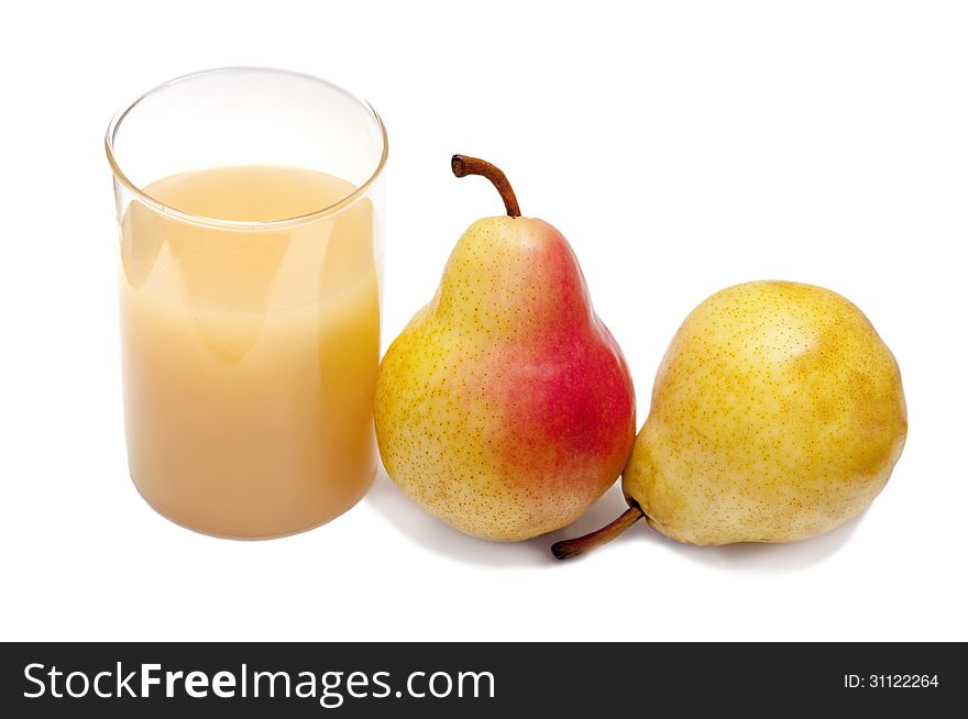 Glass of pear's juice with fresh pears isolated on white. Glass of pear's juice with fresh pears isolated on white