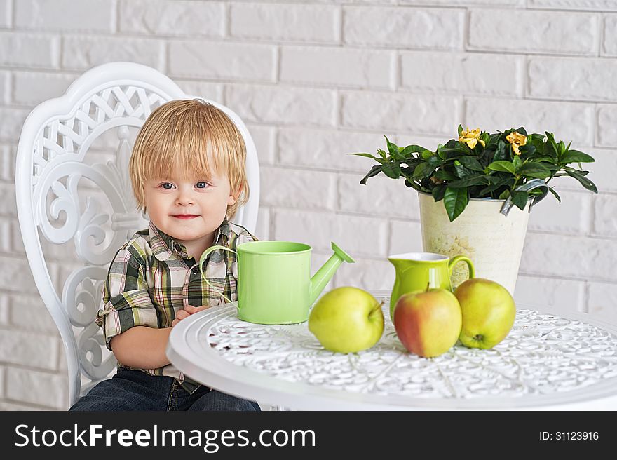Cute little boy sitting at the vintage style table with pot flower, watering can and apples. Cute little boy sitting at the vintage style table with pot flower, watering can and apples