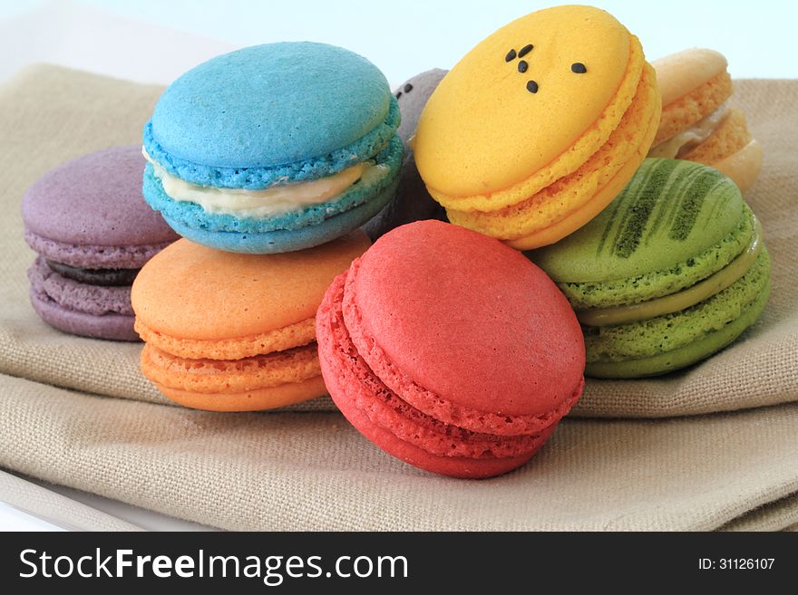 Colorful assorted macarons on a napkin