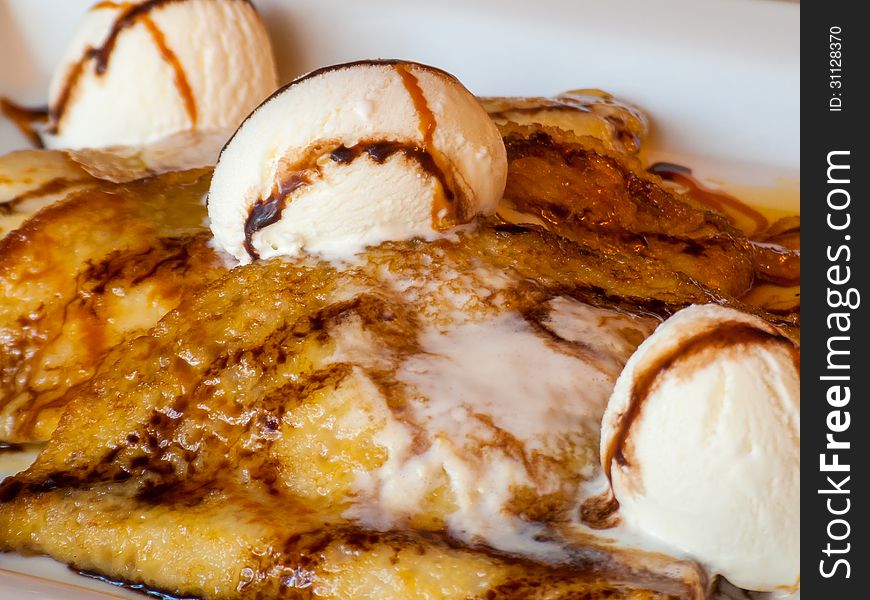 French pancakes ice cream with  honey and caramel