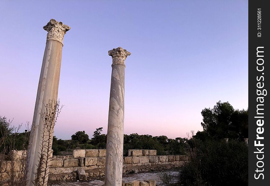 Rows Of Columns In Cyprus Paphos. Remains Of Colonnaded Street Ancient City