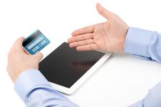 Man S Hand Holding A Credit Card Over A Tablet Computer And The Stock Images Man S Hand Holding A Credit Card Over A Tablet Computer And The Stock Images