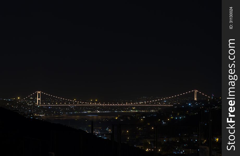 A nightscene from the Fatih Sultan Mehmet (Second Bosphorus) Bridge, Istanbul, Turkey. A nightscene from the Fatih Sultan Mehmet (Second Bosphorus) Bridge, Istanbul, Turkey