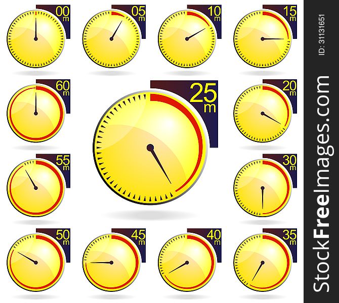 Stopwatch - Yellow Timers Set. Vector Illustration