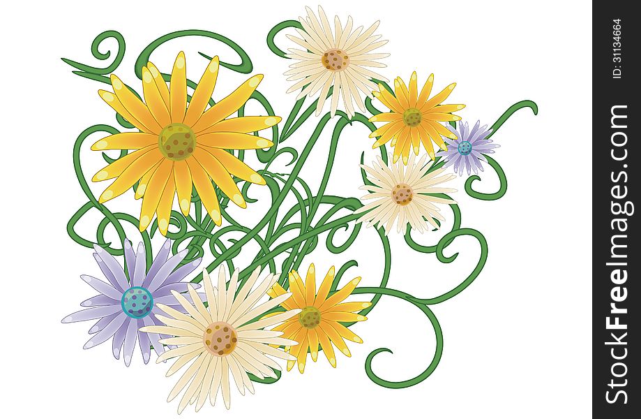 Illustration of abstract flowers with the green vine. Illustration of abstract flowers with the green vine.