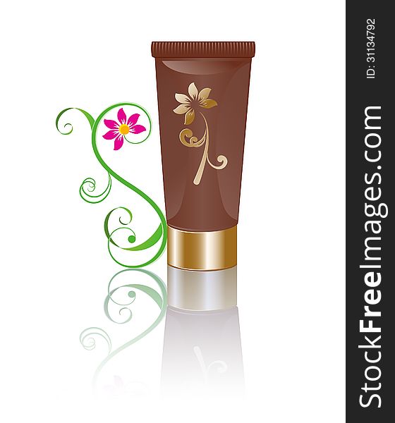 Brown cosmetic container with metal cap and stylized flower with mirror reflection. EPS10, used transparency.