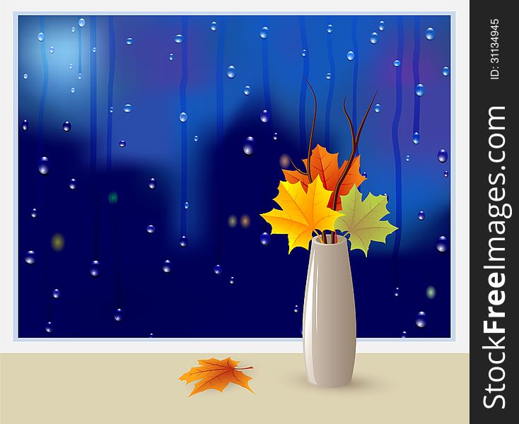 Vase with leaves of a maple on a background of a window with raindrops. EPS10, used mesh and transparency.