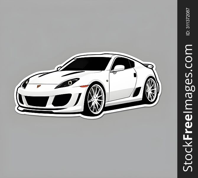 The sticker features a highly detailed and stylish white sports car with black and red accents, capturing the essence of speed and