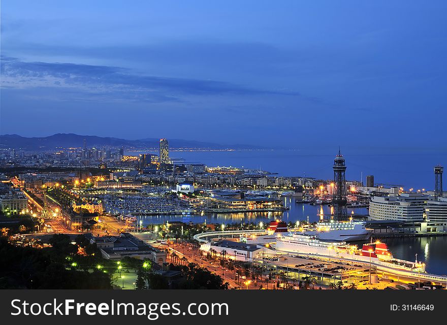 Barcelona harbour at night from mt. juic. Barcelona harbour at night from mt. juic.