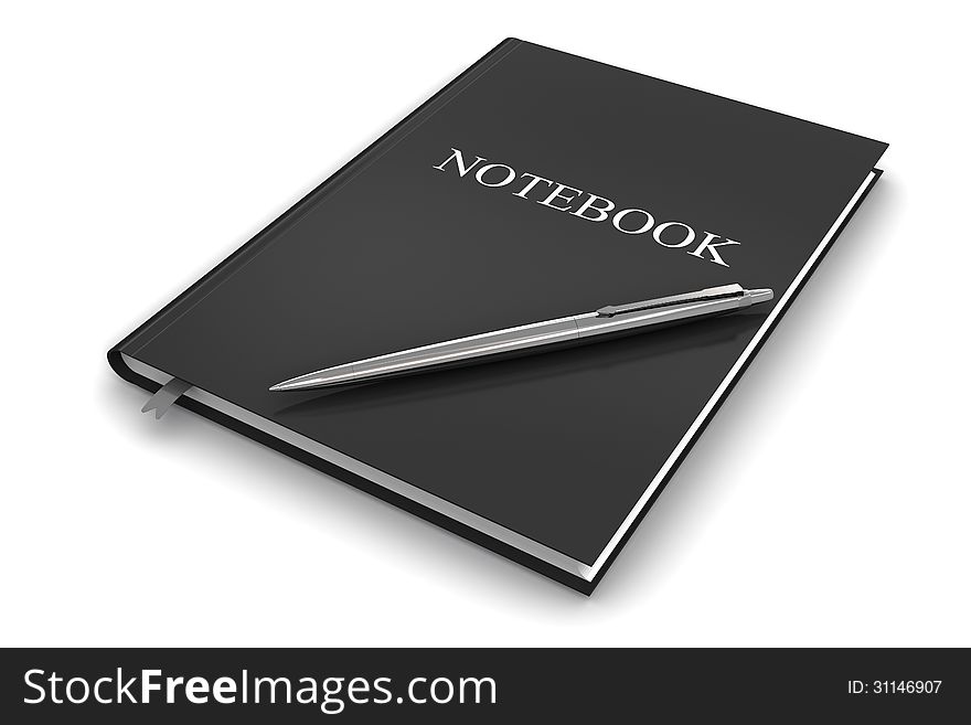 Black notebook with pen on a white background.