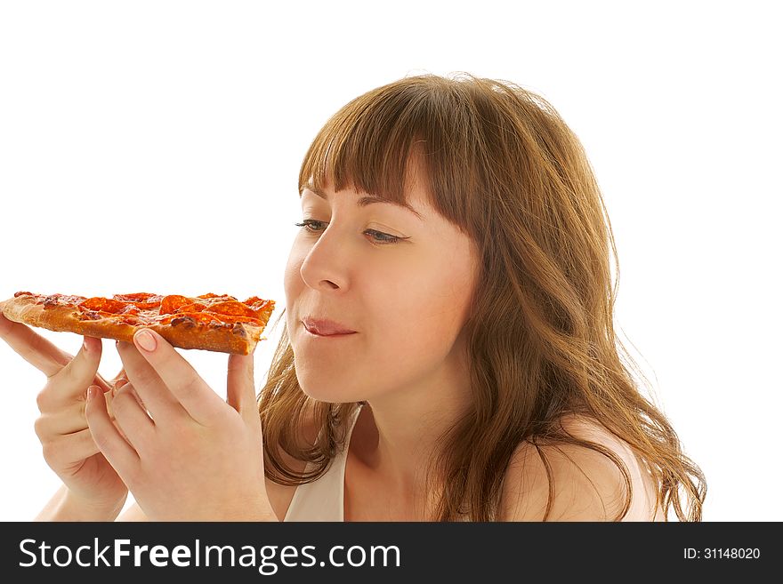 Young Attractive Woman Preparing to Eat Piece of Pizza on white background. Young Attractive Woman Preparing to Eat Piece of Pizza on white background