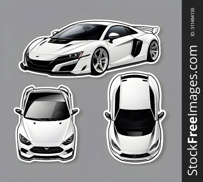 This Sticker Set Features Three Beautifully Illustrated White Cars, Showcasing A Dynamic Sports Car In Side View And Two Modern Ca