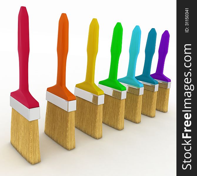 Colored paint brushes set, 3d render illustration on white