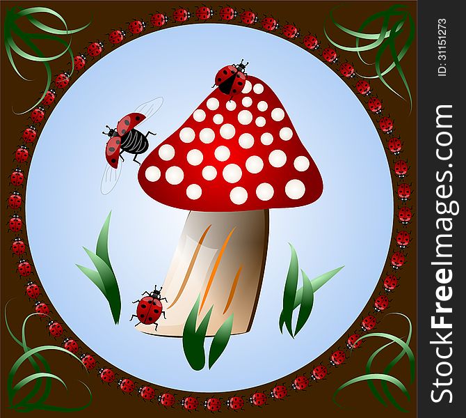Three ladybugs climbing on mushroom. Three ladybugs climbing on mushroom