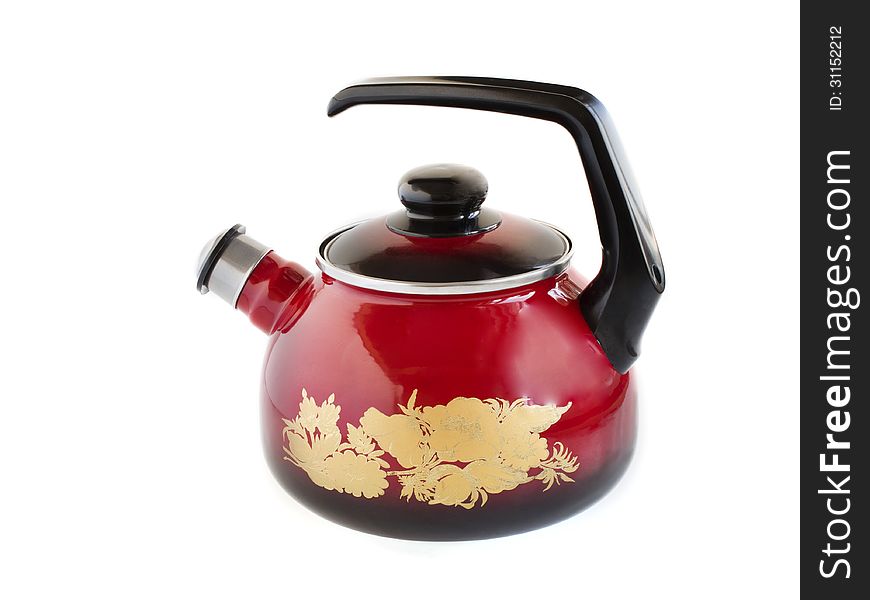 Red tea kettle on a white background