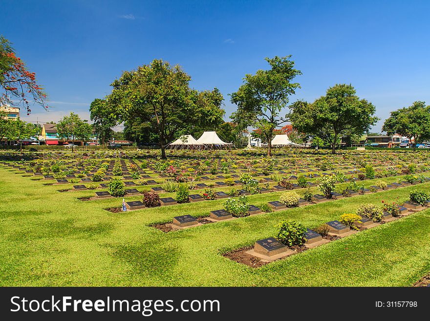Historic gravestone at world war II Cemetery, Kanchanaburi, Thailand.