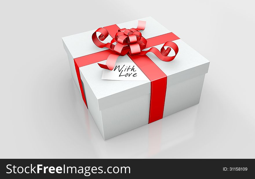 A Gift in a white cardboard and red ribbon on a white background
