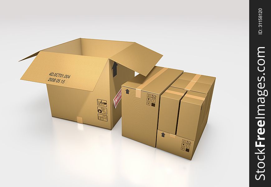A series of cardboard box on a white background 3d illustration. A series of cardboard box on a white background 3d illustration