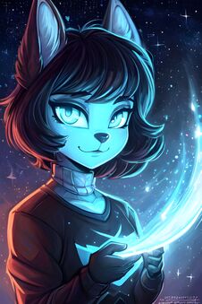 A Captivating Digital Artwork Showcasing A Cat-like Character With Radiant Blue Eyes, Immersed In The Mesmerizing Glow Of A Cosmic Stock Image