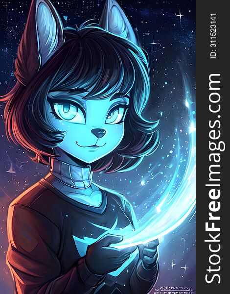 A captivating digital artwork showcasing a cat-like character with radiant blue eyes, immersed in the mesmerizing glow of a cosmic aura. The character is adorned with sleek fur and is seen manipulating a stream of stardust, illuminating the dark space backdrop sprinkled with stars.