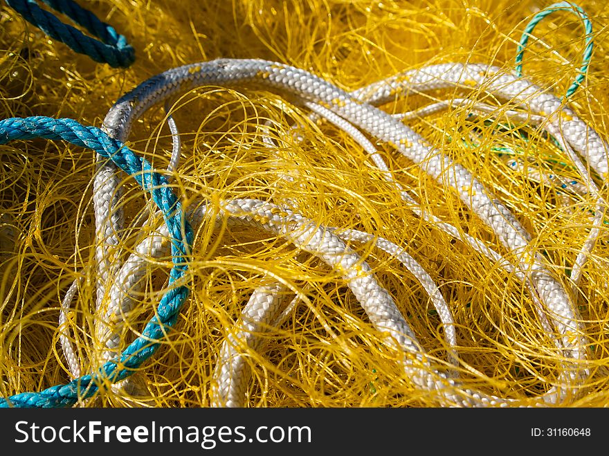 Colorful fishing net in close up view