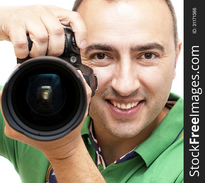 Portrait of smiling photographer with camera. Portrait of smiling photographer with camera.