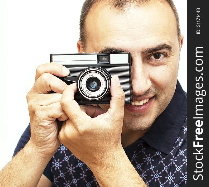 Portrait of photographer with old camera. Portrait of photographer with old camera.