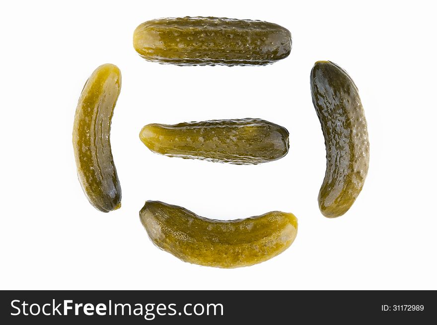 Five pickles isolated on a white background