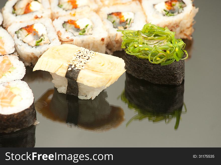 Japanese seafood sushi , roll set closeup