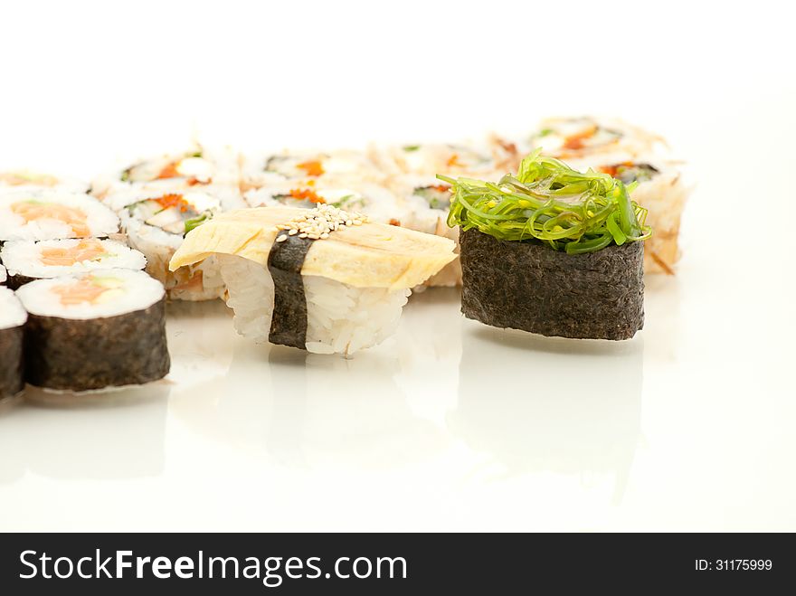 Japanese seafood sushi , roll set closeup